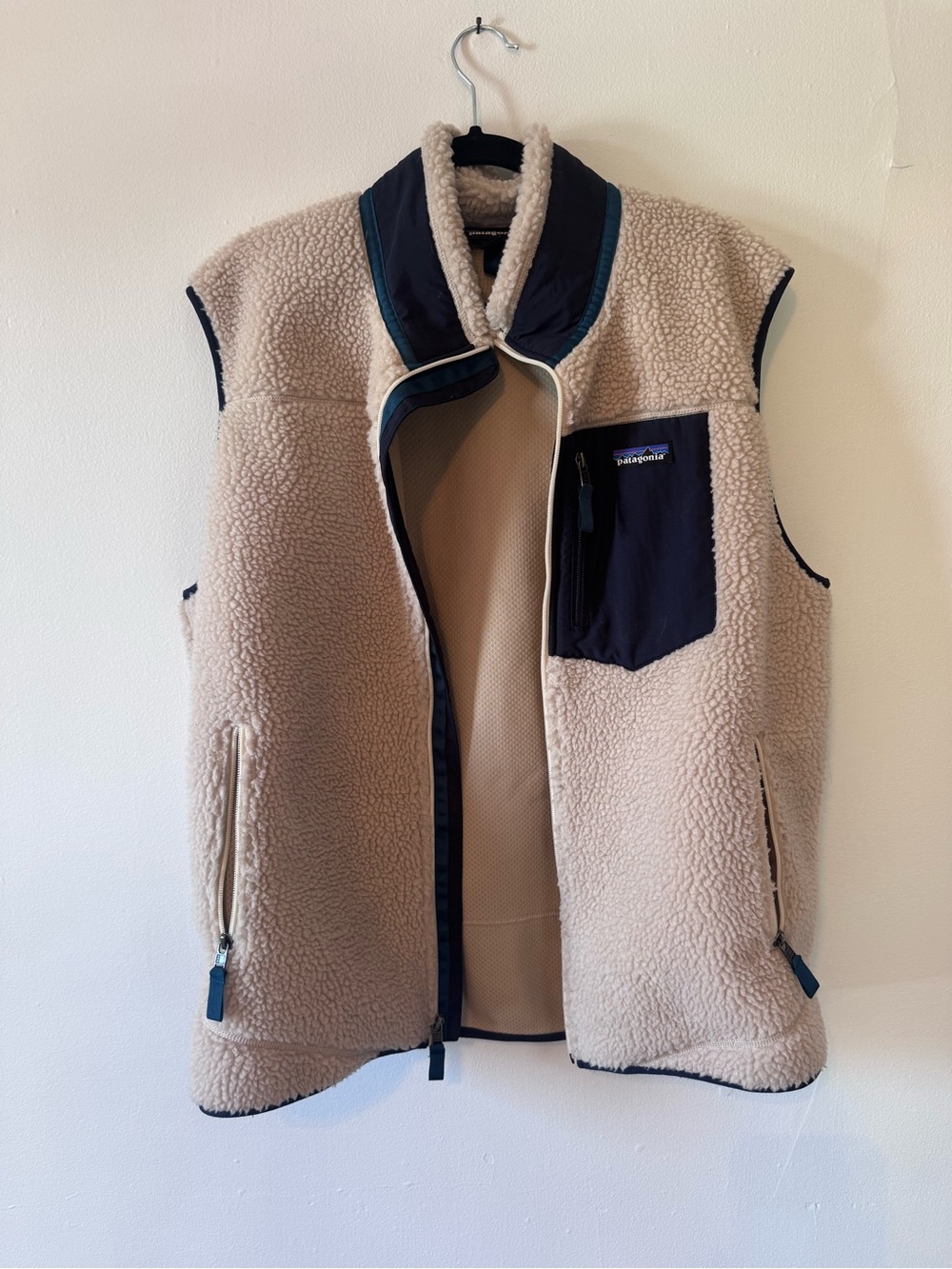 Patagonia Beige Sherpa Fleece Vest with Navy Trim